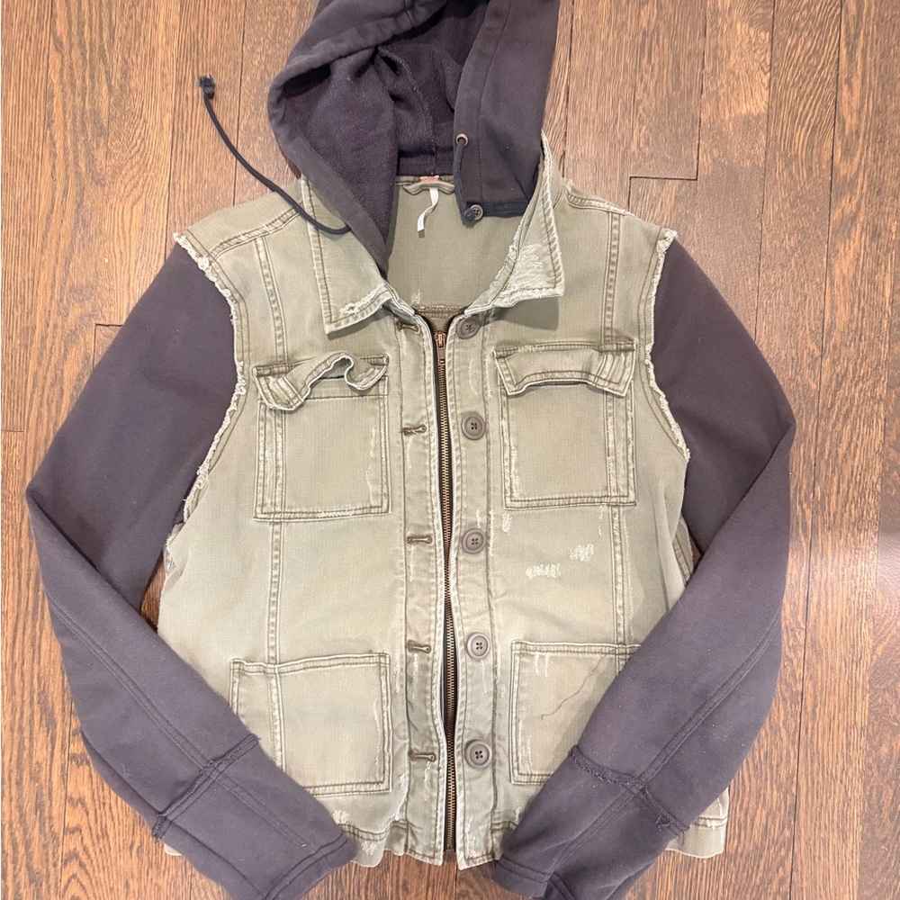 Free People Olive Green and Black Hooded Jacket